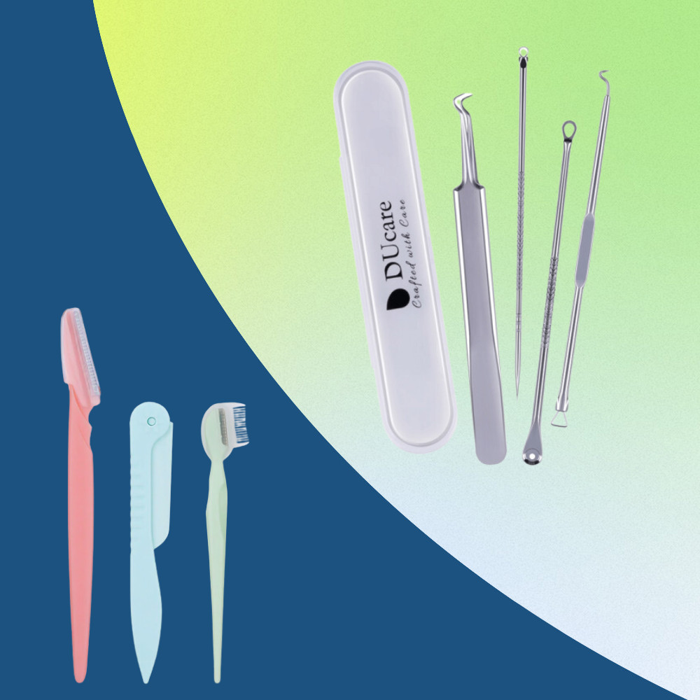 Pachet Set 3 lame trimmer Ducare pentru sprancene, mustata si par facial + Trusa Ducare cu 4 ustensi