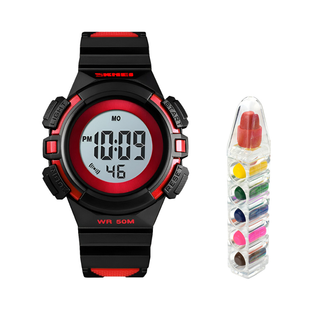 Set ceas de copii sport SKMEI 1485 waterproof 5ATM cu alarma, cronometru, data si iluminare ecran, rosu si creioane cerate, 6 culori