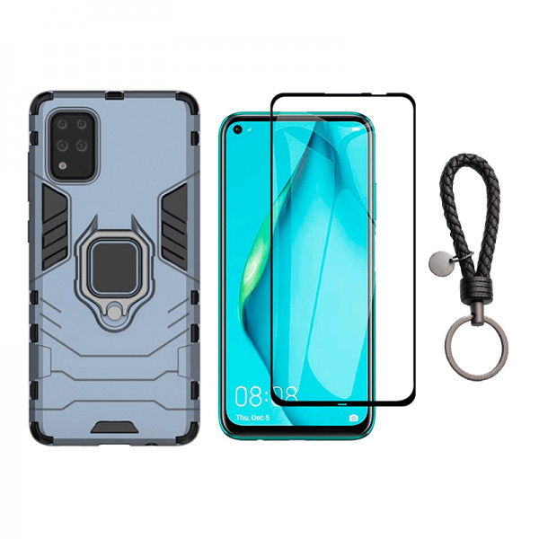 Set protectie 2 in 1 pentru Huawei P40 Lite cu husa hybrid antisoc cu stand inel si folie sticla ceramica fullsize si breloc cadou, dark blue