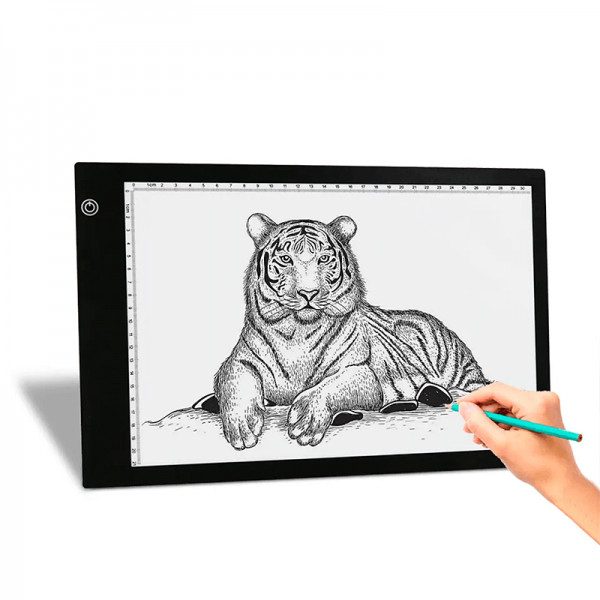 Tableta LED A4 pentru desenat / trasat, proiectare lumina pentru a copia desene, dimabil 3 nivele, protectie ochi, rigla laterala, ultra subtire, incarcare Micro USB, pentru schite, animatii 2D, desene tehnice, negru