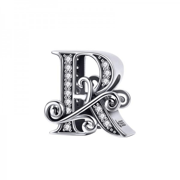 Talisman charm din Argint 925 KRASSUS Letter R, cu Zirconiu, pentru bratara sau pandantiv lant, model litera