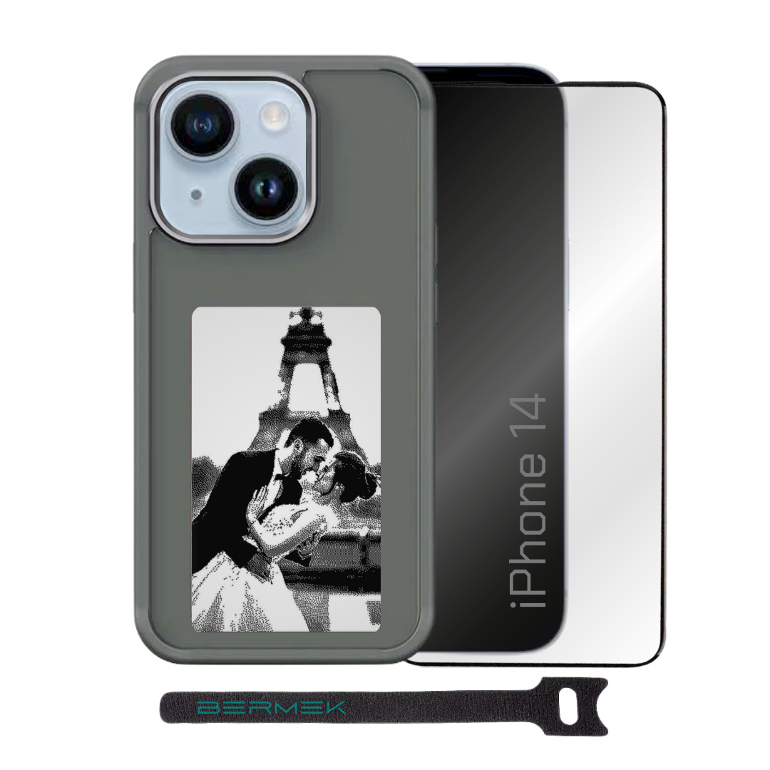 Bermek Husa iPhone 14 NFC cu ecran E-Ink, silicon + Folie de sticla, gri