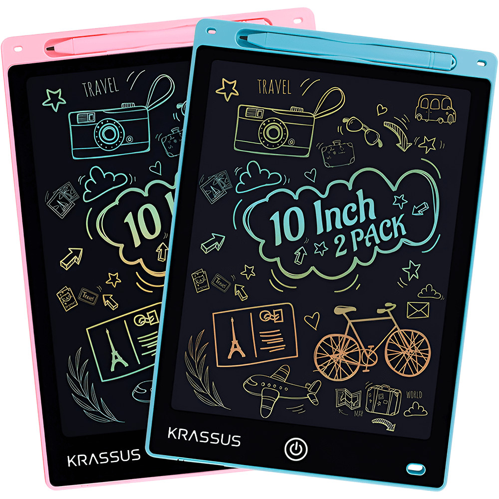 KRASSUS Tableta Grafica 10" LCD - Jucarie Educativa pentru Copii, Scriere si Desen, Snur Anti-pierdere, 2 Bucati, Albastru/Roz