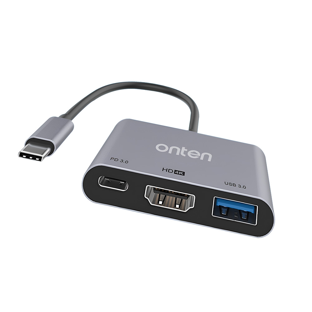 ONTEN Adaptor HUB multiport 3 in 1, USB Type-C la USB 3.0, Type-C PD, HDMI 4K, pentru MacBook, Chromebook, USB-C laptop, negru