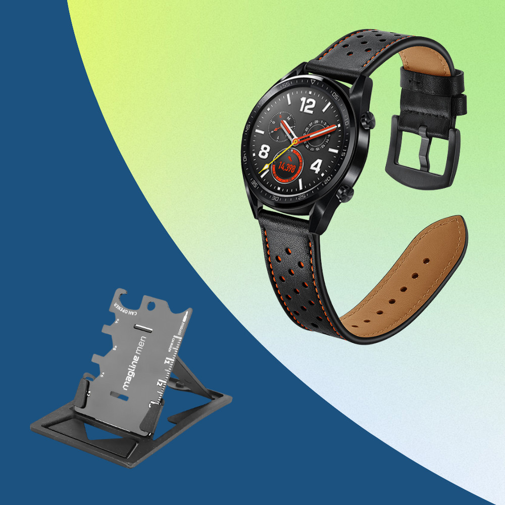 Pachet Curea ceas din piele, 22mm, pentru Galaxy Watch 3 45mm, Gear S3 Frontier, Huawei Watch GT, negru + Mini card multifunctional 10-in-1, Magline Men, suport telefon, deschizator sticle, rigla, cheie hexagonala