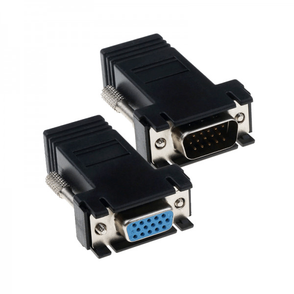 Set 2 convertoare pentru extensie semnal VGA tata - RJ45 mama la RJ45 mama - VGA mama, pana la 30m, Cat6, negru