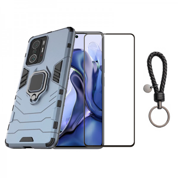 Set protectie 2 in 1 pentru Xiaomi 11T Pro cu husa hybrid antisoc cu stand inel si folie sticla ceramica fullsize si breloc cadou, dark blue