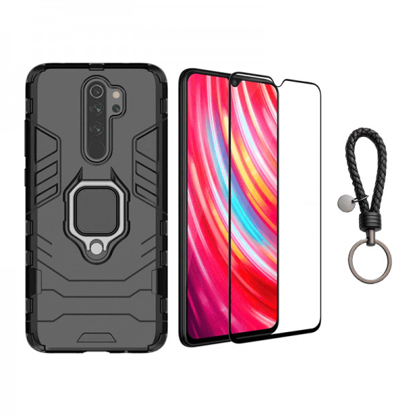 Set protectie 2 in 1 pentru Xiaomi Redmi Note 8 Pro cu husa hybrid antisoc cu stand inel si folie sticla ceramica fullsize si breloc cadou, negru