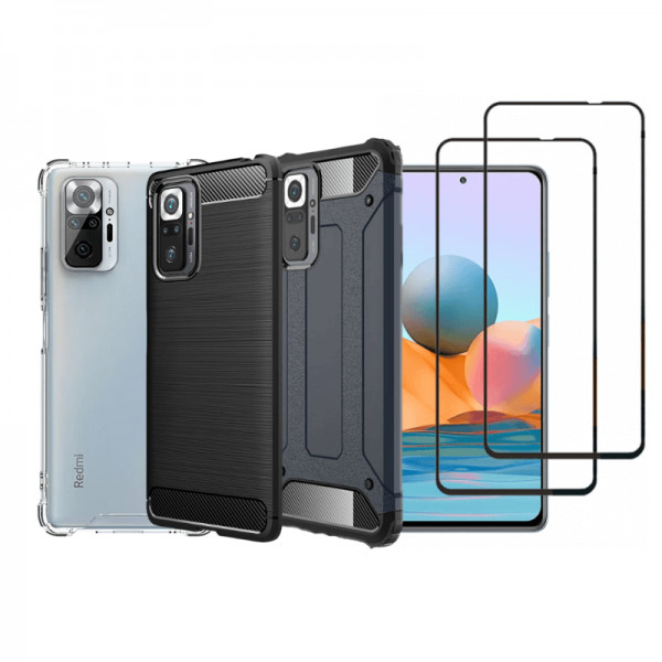 Set protectie 5 in 1 pentru Xiaomi Redmi Note 10 Pro, cu 3 huse antisoc,hybrid si carbon, 2 folii fu