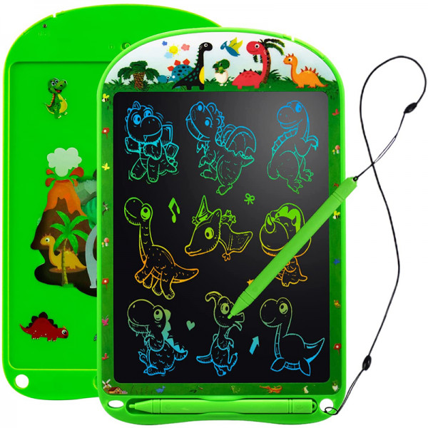 Tableta grafica 10 inch pentru scris si desenat cu ecran LCD, scris multicolor, buton stergere, creion Stylus, sticker dinozauri + Extra creion / snur anti-pierdere CADOU, model dinozauri, verde