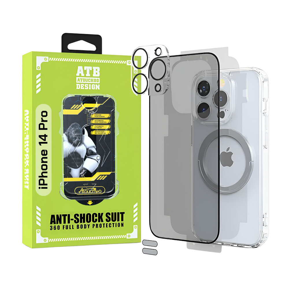 ATB Set 6 in 1 pentru iPhone 14 Pro 5G cu husa TPU antisoc, folie sticla privacy cu kit de instalare, folie sticla pentru camera, folie spate, inel magnetic si 2 stickere anti-praf