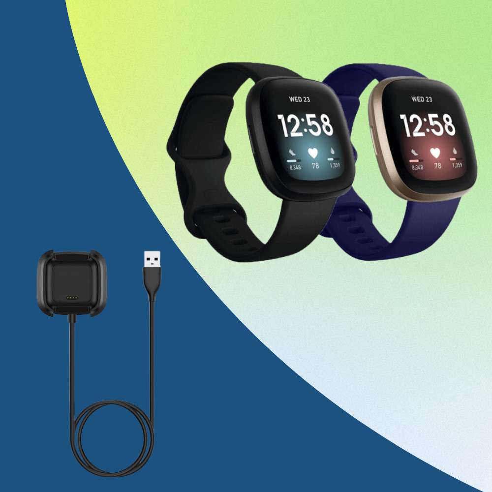 Pachet Cablu si dock de incarcare pentru smartwatch Fitbit Versa 2 2019 + Set 2 curele din silicon, pentru Fitbit Versa 3 / Sense, albastru, negru