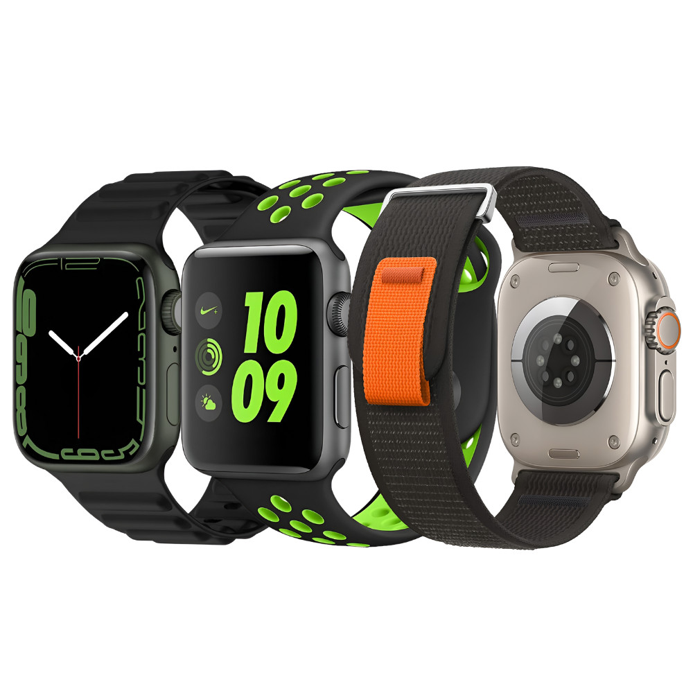 Set 3 curele Apple Watch Ultra/ 3 / 4 / 5 / 6 / 7 / 8 / SE series 42 / 44 / 45 / 49 mm, silicon, nylon, negru, verde, portocaliu