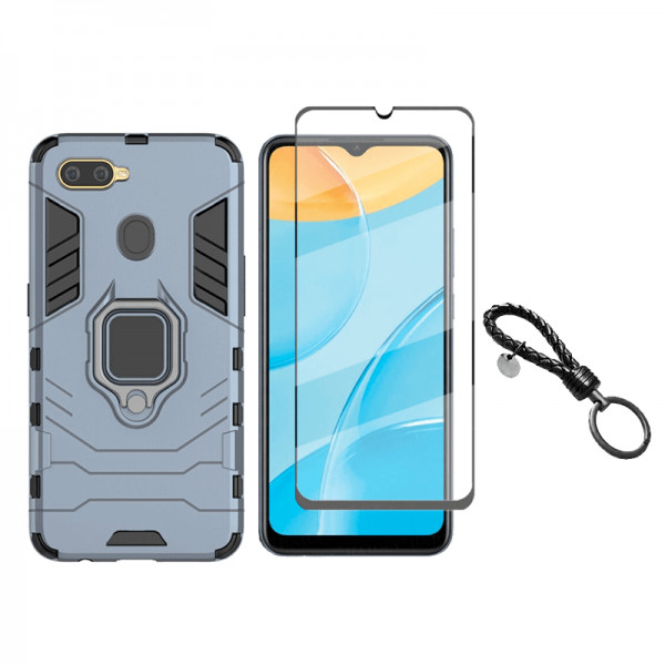 Set protectie 2 in 1 pentru Oppo A12 cu husa hybrid antisoc cu stand inel si folie sticla ceramica fullsize si breloc cadou, dark blue