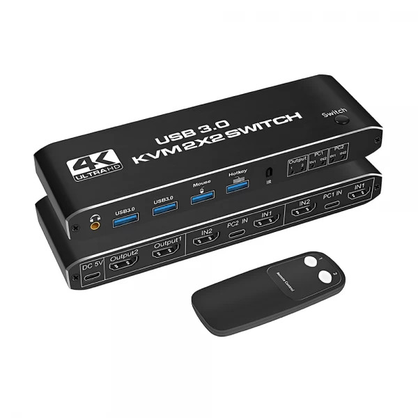 Switch HDMI KVM 4K 60Hz, 2 intrari 2 iesiri, 2 porturi USB 3.0, cu telecomanda