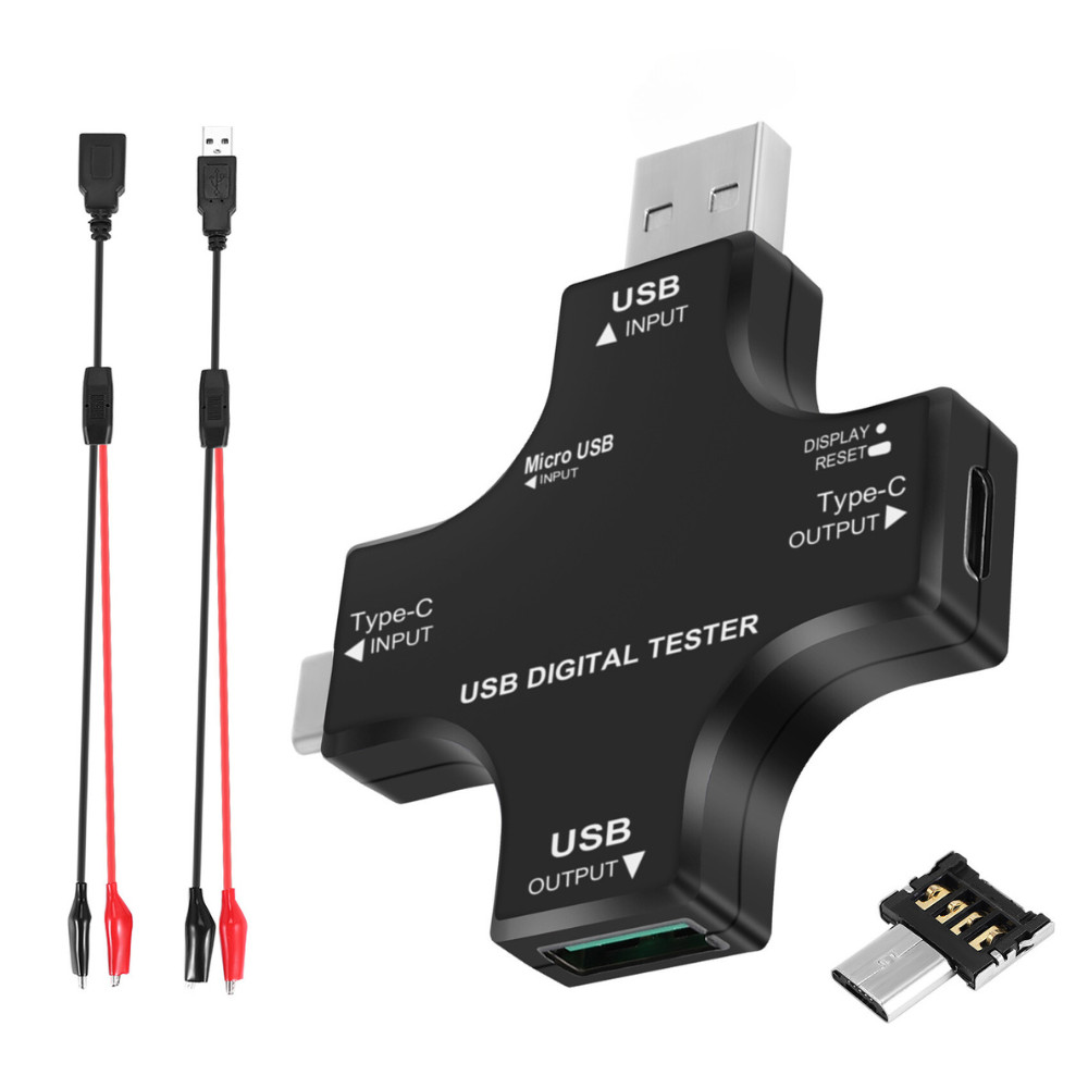 Tester USB Digital pentru masurare voltaj, curent, temperatura, capacitate, interfata Type C si USB A 2.0, cabluri de testare, adaptor Micro USB, negru