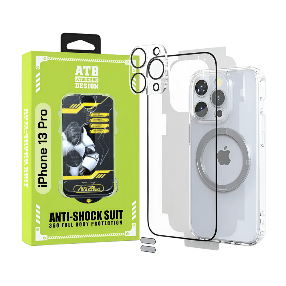 ATB Set 6 in 1 pentru iPhone 13 Pro 5G cu husa TPU antisoc, folie sticla cu kit de instalare, folie sticla pentru camera, folie spate, inel magnetic si 2 stickere anti-praf
