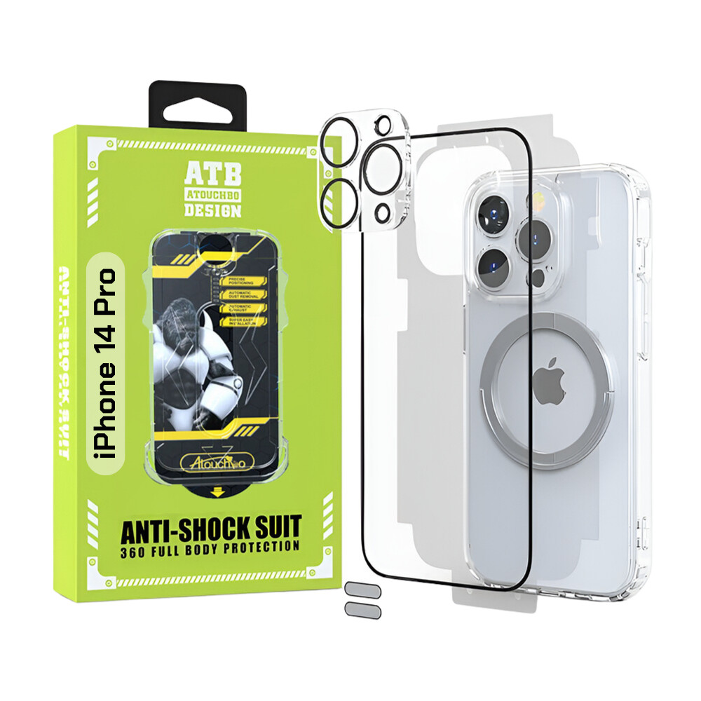 ATB Set 6 in 1 pentru iPhone 14 Pro 5G cu husa TPU antisoc, folie sticla cu kit de instalare, folie sticla pentru camera, folie spate, inel magnetic si 2 stickere anti-praf