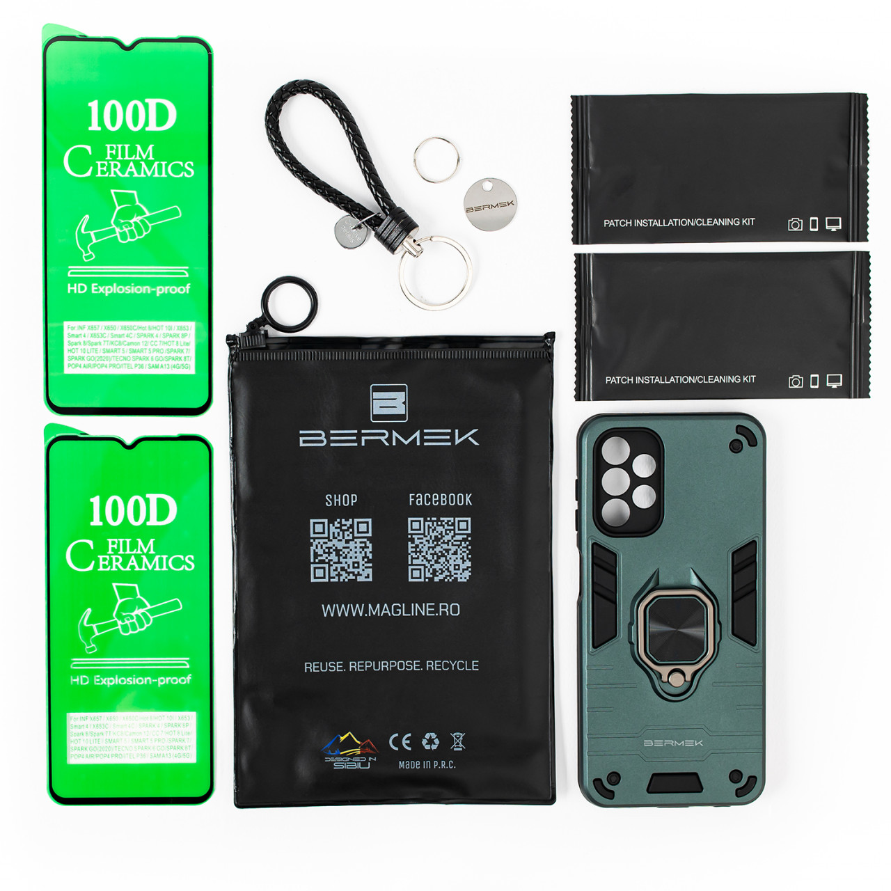 Bermek Husa Samsung A13 4G, husa antisoc - 2x Folie telefon, Verde