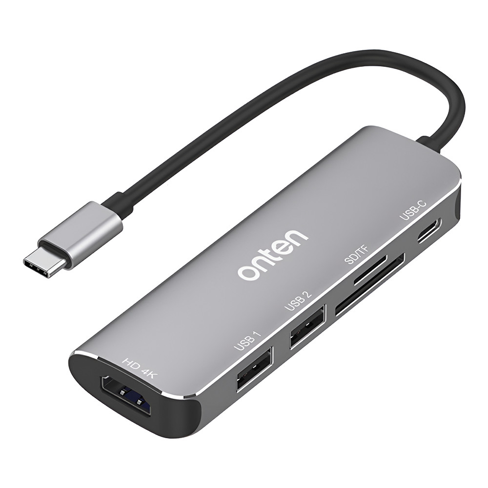 Docking station USB-C 6 in 1 ONTEN, adaptor multiport cu HDMI 4K, PD, 2x USB 3.0, Cititor de carduri SD si TF, pentru MacBook, Chromebook, USB-C laptop, argintiu