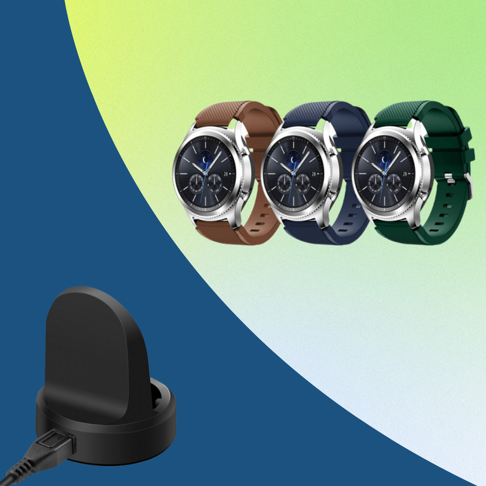 Pachet Dock incarcare wireless pentru Samsung Gear S3 / Gear Sport R600 Smartwach, negru + Set 3 curele din silicon universale 22mm pentru Samsung Gear S2 / S3/ Huawei Watch 2, verde, albastru, maro