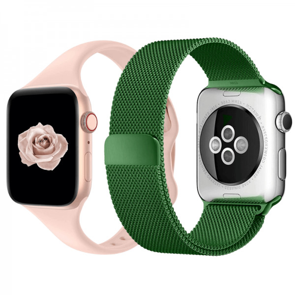 Set 2 curele Apple Watch 3 / 4 / 5 / 6 / 7 / 8 / SE series 38 / 40 / 41 mm, silicon, otel inoxidabil, verde, roz deschis
