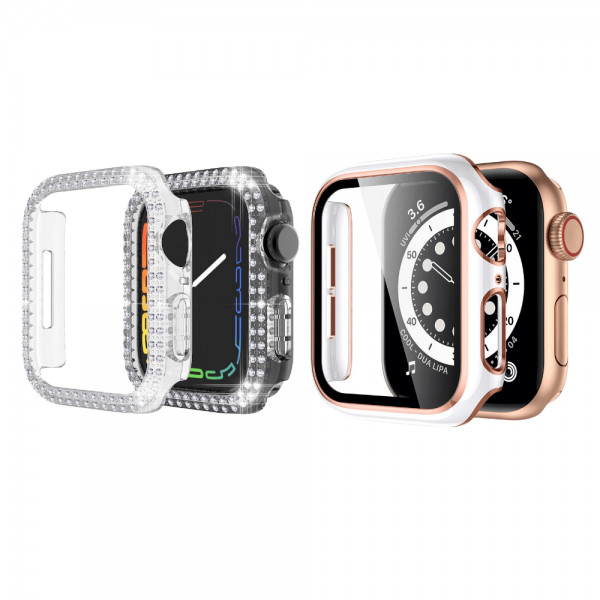 Set 2 huse pentru Apple Watch 7, Apple Watch 8 de 41mm, tip rama din sticla securizata, tip bumper, model cu strasuri, roz-alb, transparent