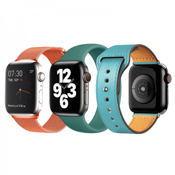 Set 3 curele Apple Watch 3 / 4 / 5 / 6 / 7 / 8 / SE series 38 / 40 / 41 mm, silicon, piele, otel inoxidabil, portocaliu, albastru, verde