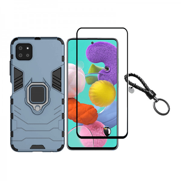 Set protectie 2 in 1 pentru Samsung Galaxy A22 5G SM-A226 cu husa hybrid antisoc cu stand inel si folie sticla ceramica fullsize si breloc cadou, dark blue