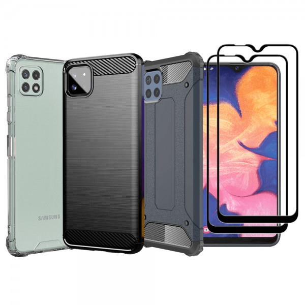 Set protectie 5 in 1 pentru Samsung Galaxy A22 5G SM-A226, cu 3 huse antisoc,hybrid si carbon, 2 fol