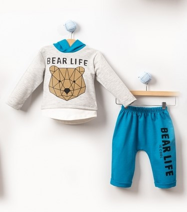 Compleu Bear Life, Turcoaz, 2 Piese, Hanorac si Pantaloni, Pentru Bebelusi, 9-24 luni