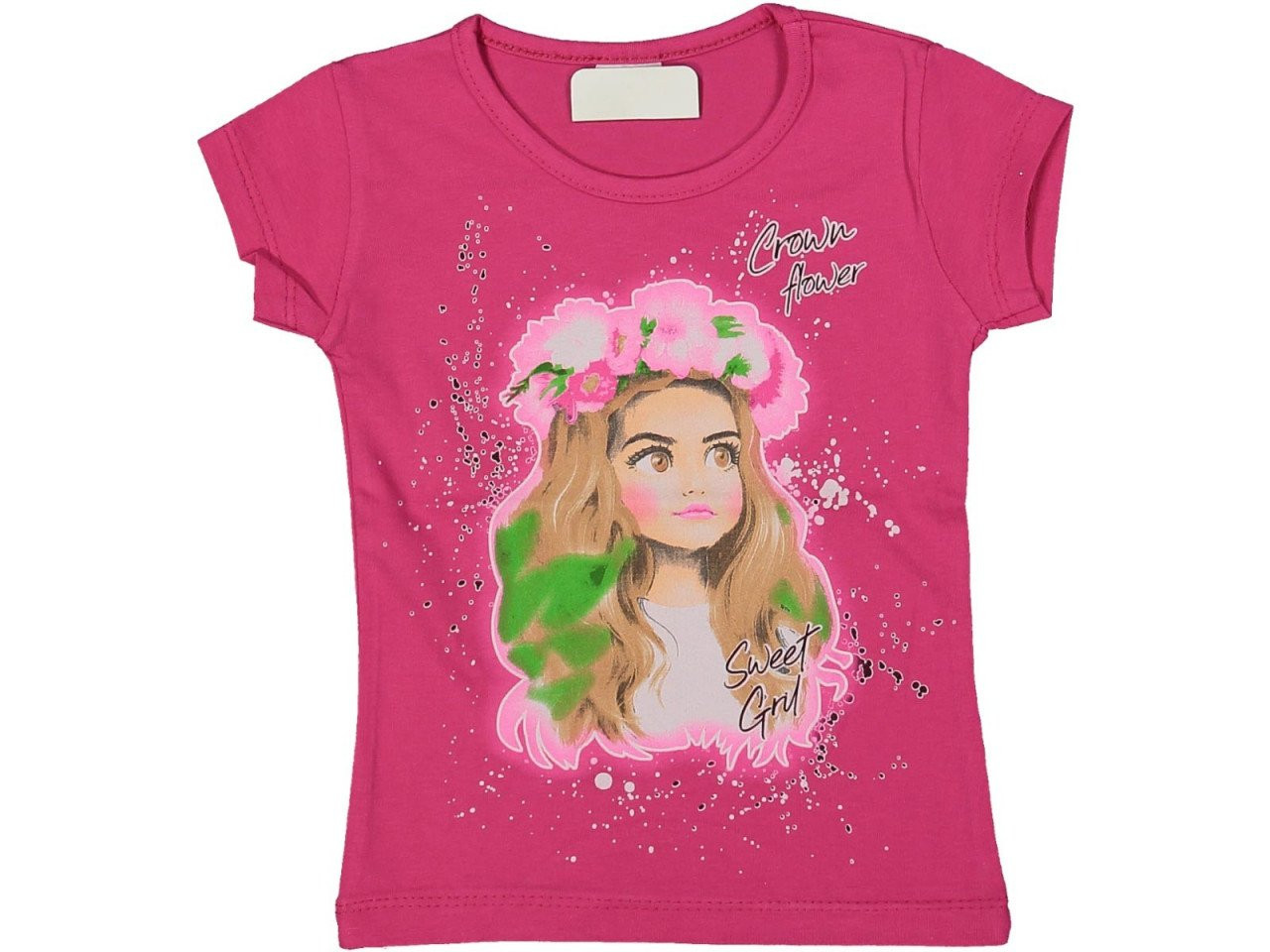 Tricou Roz, Crown Flower, 100% Bumbac, Pentru Fete, 2-8 ani