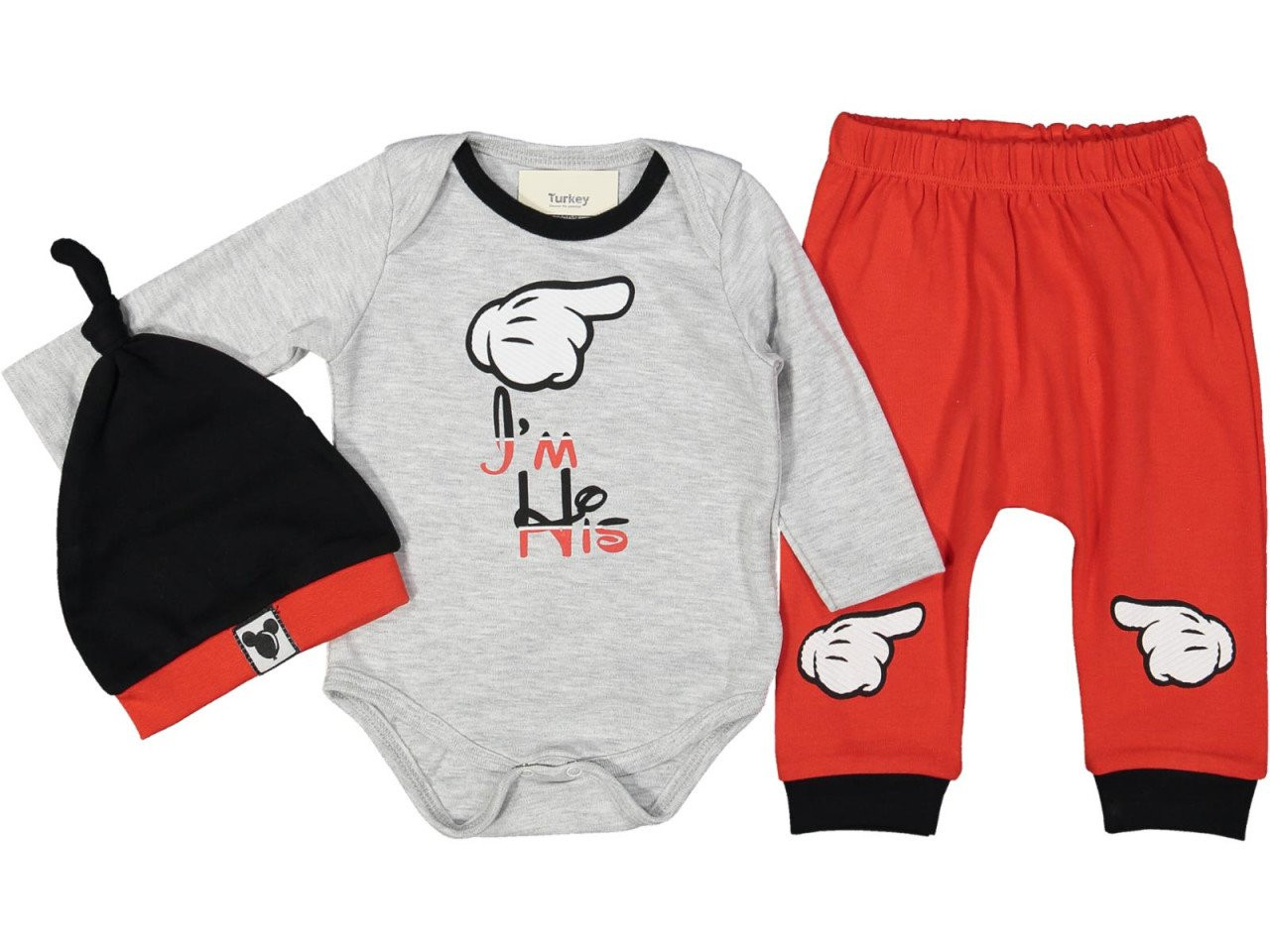 Body ,,I"m his", Pantaloni si Caciulita, Pentru Baietei, 100% Bumbac, Rosu, 6-9 luni