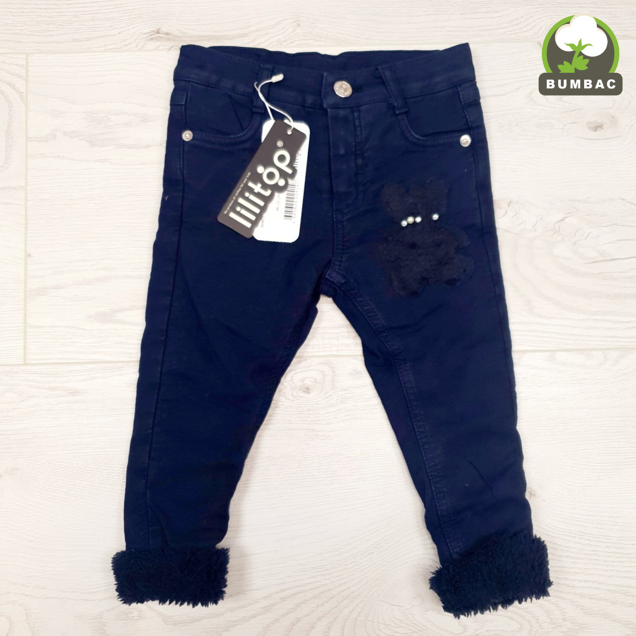 Pantaloni baieti ursulet, bumbac 100%, imblaniti, bleumarin, 6-24 luni