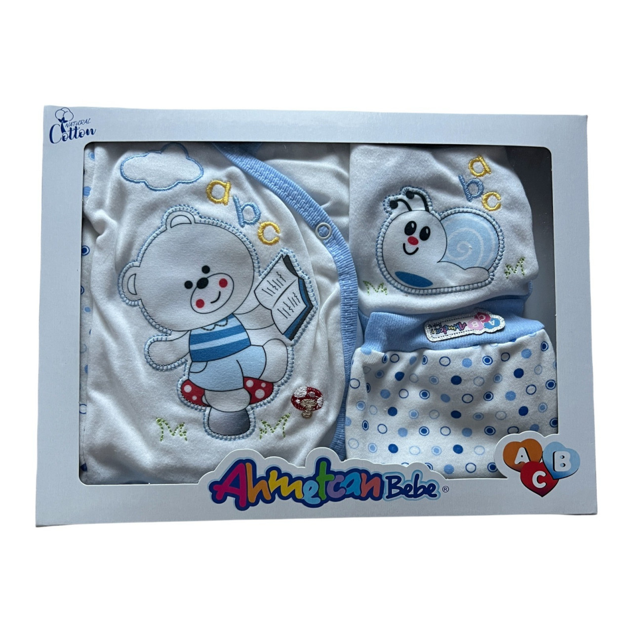 Set 5 Piese, Albastru, Ursulet ABC, 100% Bumbac, Pentru Bebelusi, 0-3 luni