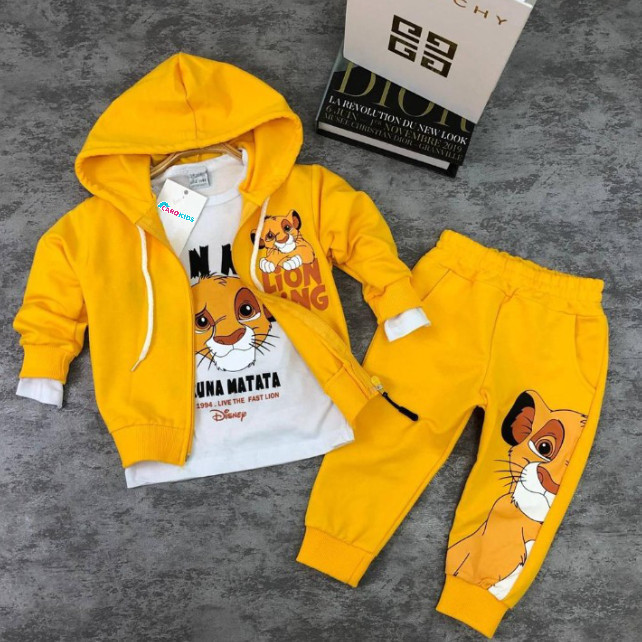 Compleu Lion King, Galben, 3 Piese, Hanorac, Bluza si Pantaloni, Pentru Baietei, 2-8 Ani