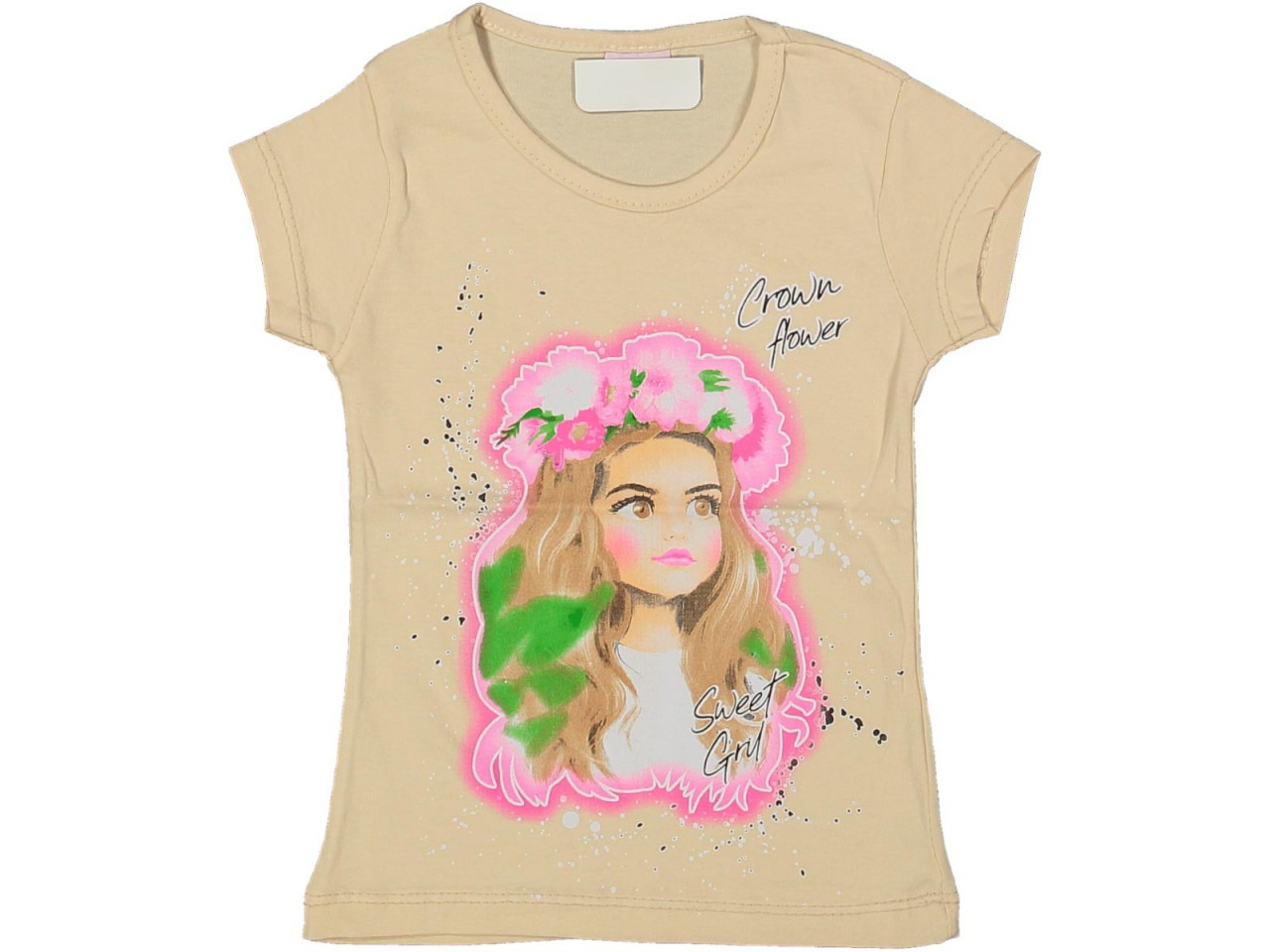 Tricou Bej, Crown Flower, 100% Bumbac, Pentru Fete, 2-8 ani