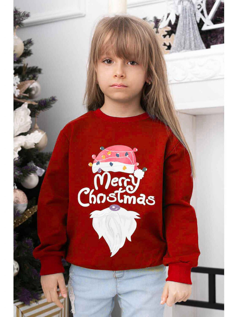 Bluza de Craciun Copil Rosu cu Maneca Lunga bumbac model Merry Christmas