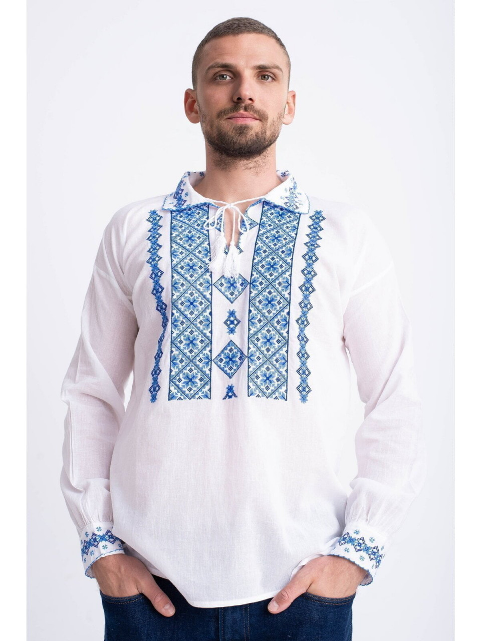 Bluza traditionala din bumbac alb cu broderie albastra pentru barbat