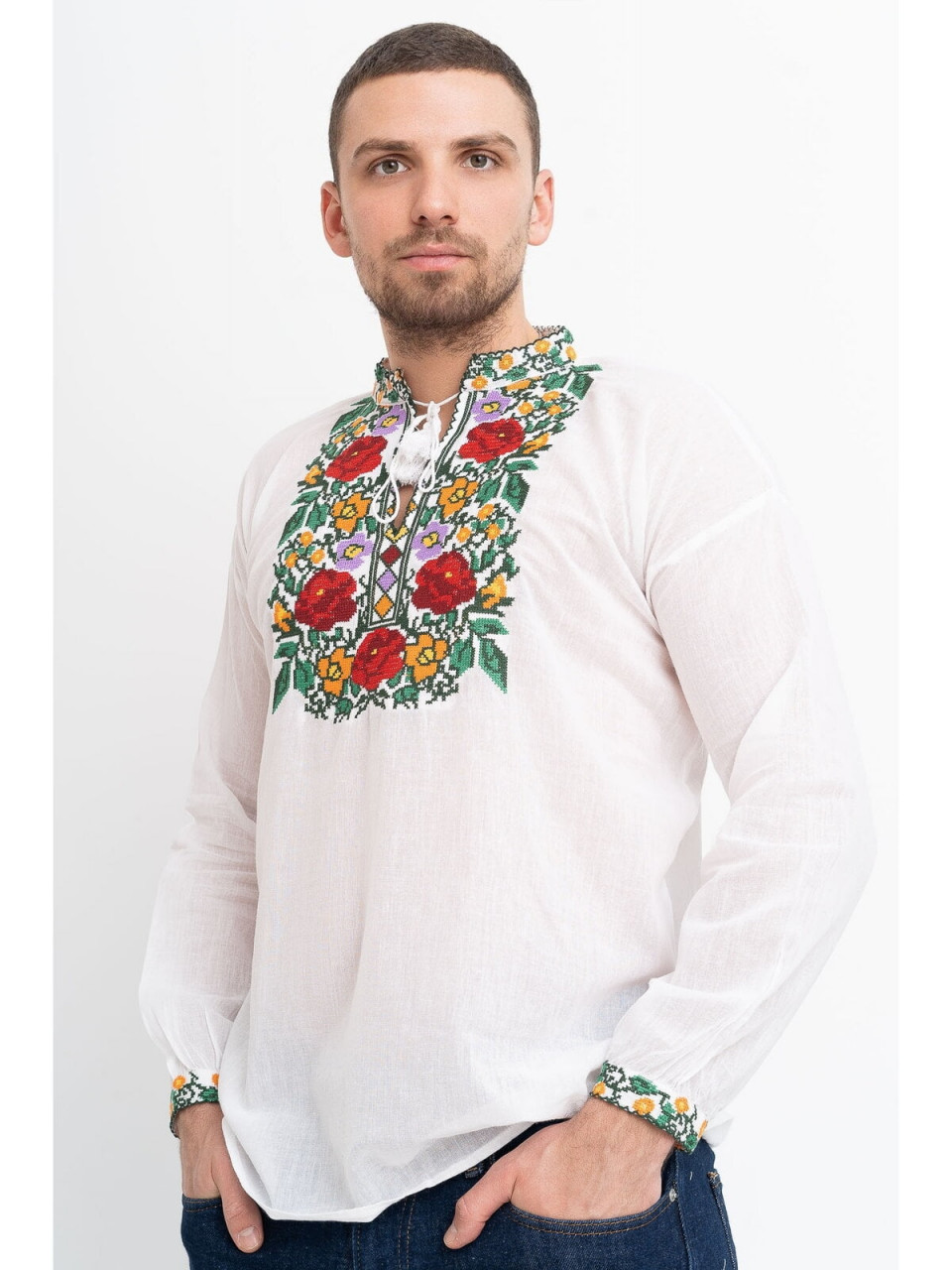 Ie barbat din bumbac alb cu model traditional flori multicolore