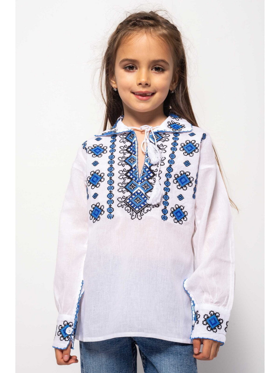 Bluza Traditionala din Bumbac Alb cu Broderie Albastra pentru Baieti