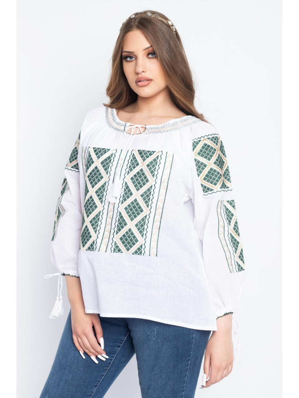 Bluza dama tip ie marimi mari din bumbac alba cu model traditional verde cu auriu 8173