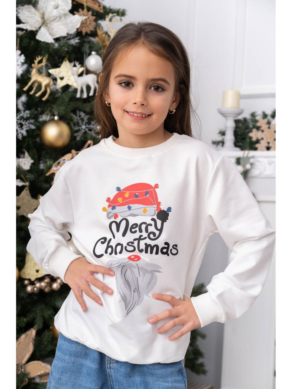 Bluza de Craciun Copii alb cu Maneca Lunga bumbac model Merry Christmas