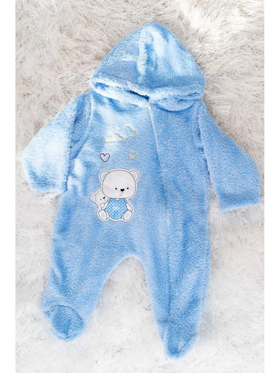 Costum bebe din bumbac pufos cu gluga bleu