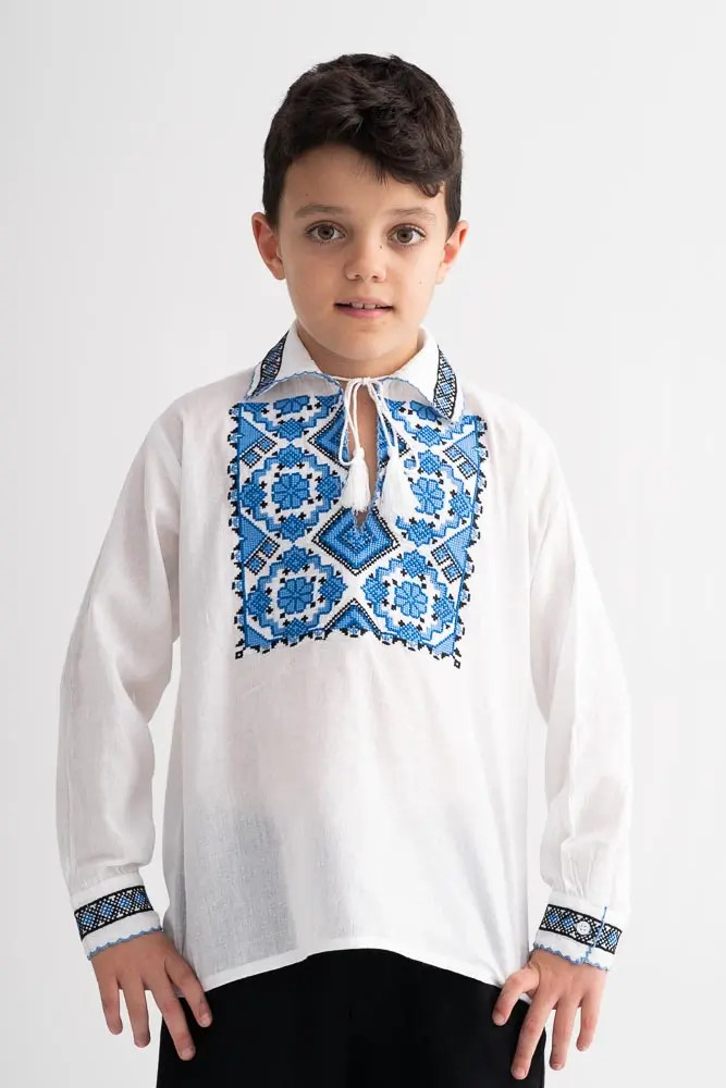 Bluza Baieti Traditionala din Bumbac Alb cu model albastru