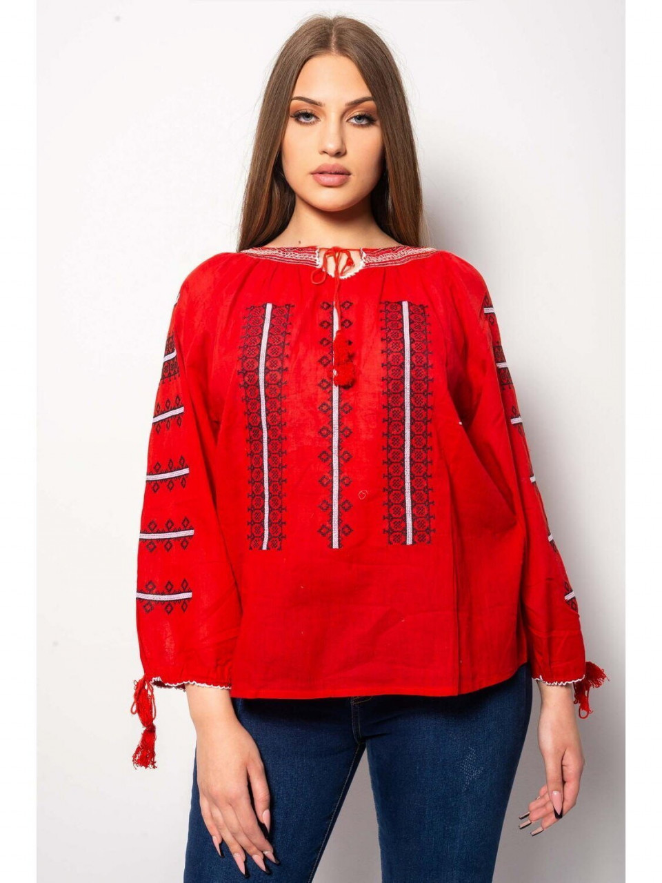 Bluza dama tip ie marimi mari din bumbac rosu cu model traditional 7785