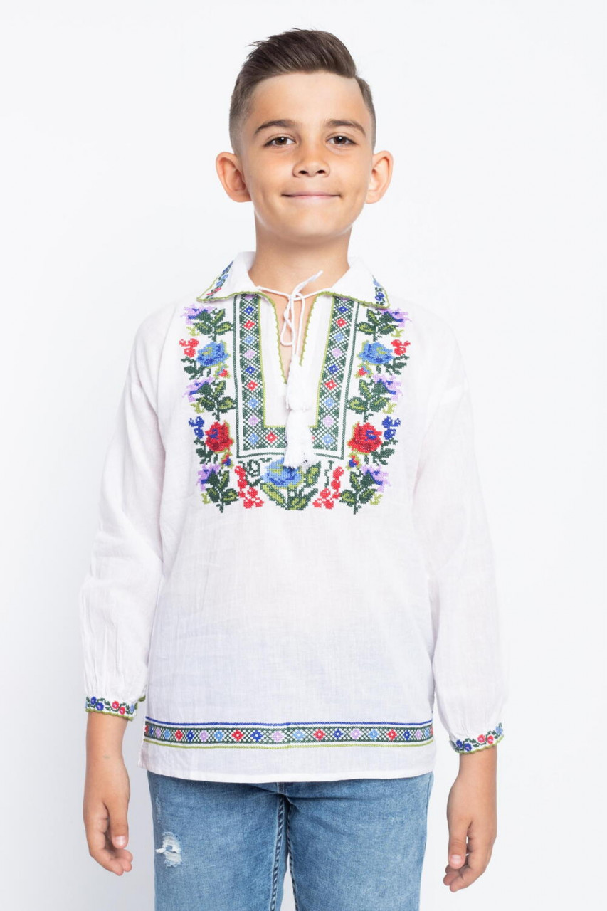 Bluza Traditionala din Bumbac Alb cu Broderie Florala pentru Baieti