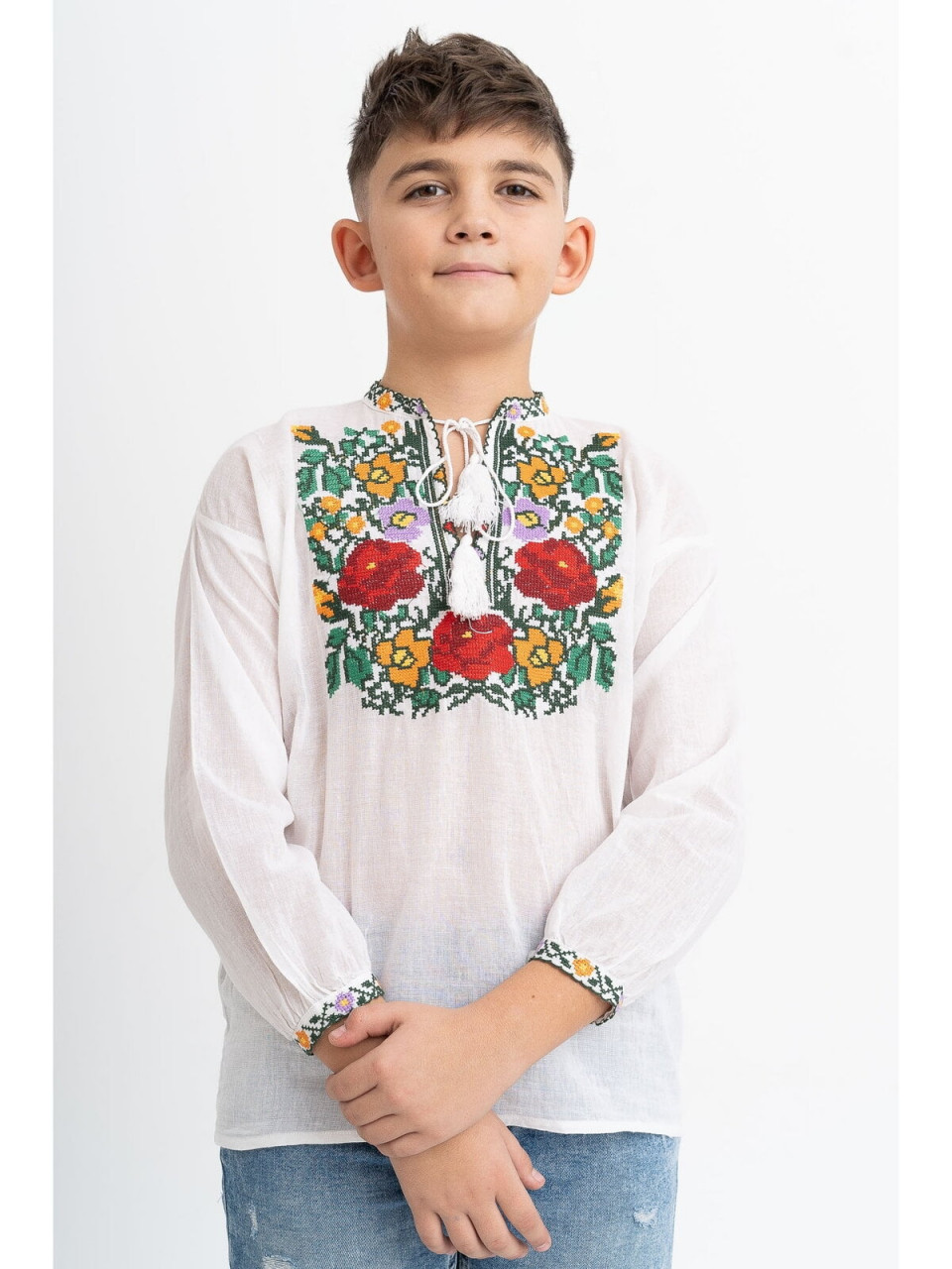 Bluza Traditionala Pentru Baieti din Bumbac Alb cu Broderie Colorata