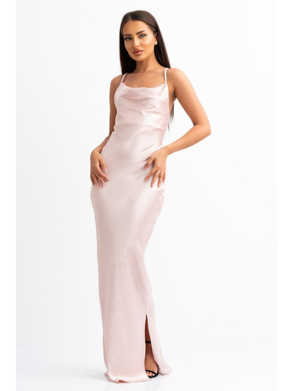 Rochie dama roz pal din satin maxi cu spate gol