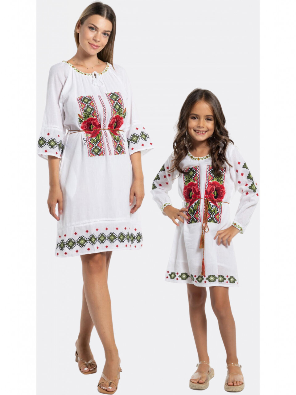 Set rochii mama fiica cu model traditional alb cu broderie